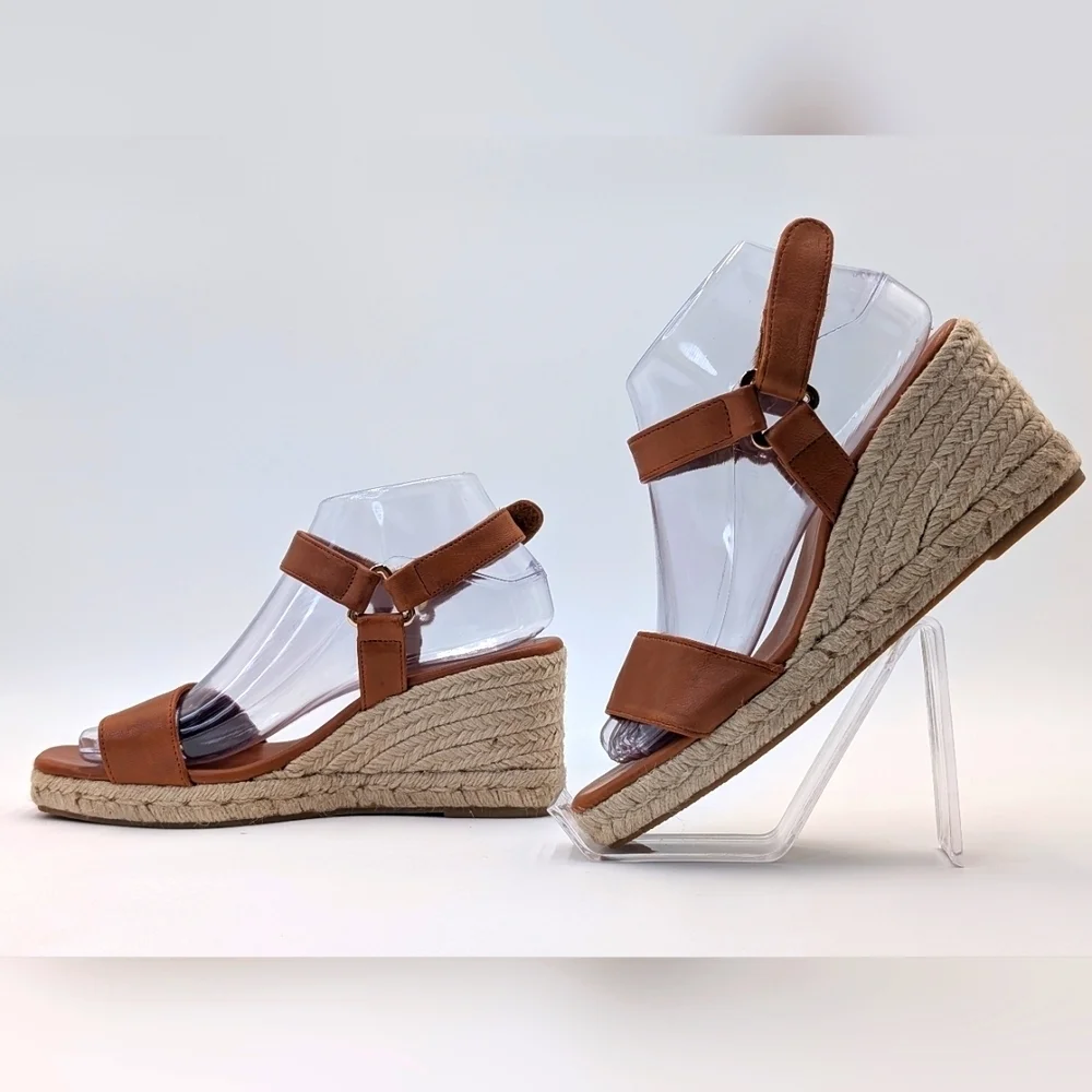 NEW Jutelia Made In Spain Brown Leather Espadrilles Raffia Braided Wedge Sz 7.5